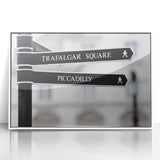 Mid-century modernist art of Piccadilly, England in muted colors on a framed acrylic, ideal for nursery wall art.