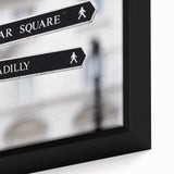 Extra large framed canvas depicting a textured, colorful Piccadilly Circus scene in black, ideal for living room decor.