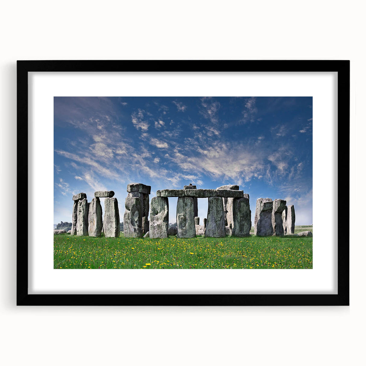 Extra large textured abstract print of Stonehenge in vibrant colors on a framed black mat, ideal for living room decor.