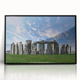 Large abstract wall art of Stonehenge in muted gray tones on a framed acrylic, ideal for modern living room decor.