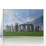 Mid-century modernist art of Stonehenge in muted earth tones on a white framed acrylic, suitable for modern art wall decor.