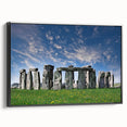 Black and white framed canvas of Stonehenge landscape, ideal for bedroom wall decor.