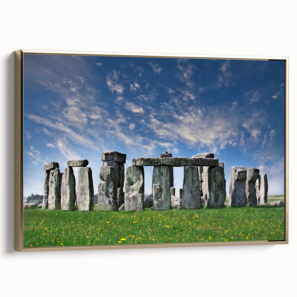 Framed canvas of Stonehenge in muted earth tones, ideal for bedroom wall art.