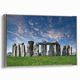 Framed canvas featuring a landscape art painting of Stonehenge with muted earth tones.