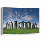 Framed canvas of vintage poster art depicting Stonehenge in muted earth tones, ideal for living room decor.