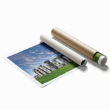 Stonehenge print in muted earth tones on rolled canvas, suitable for large bathroom or living room walls.