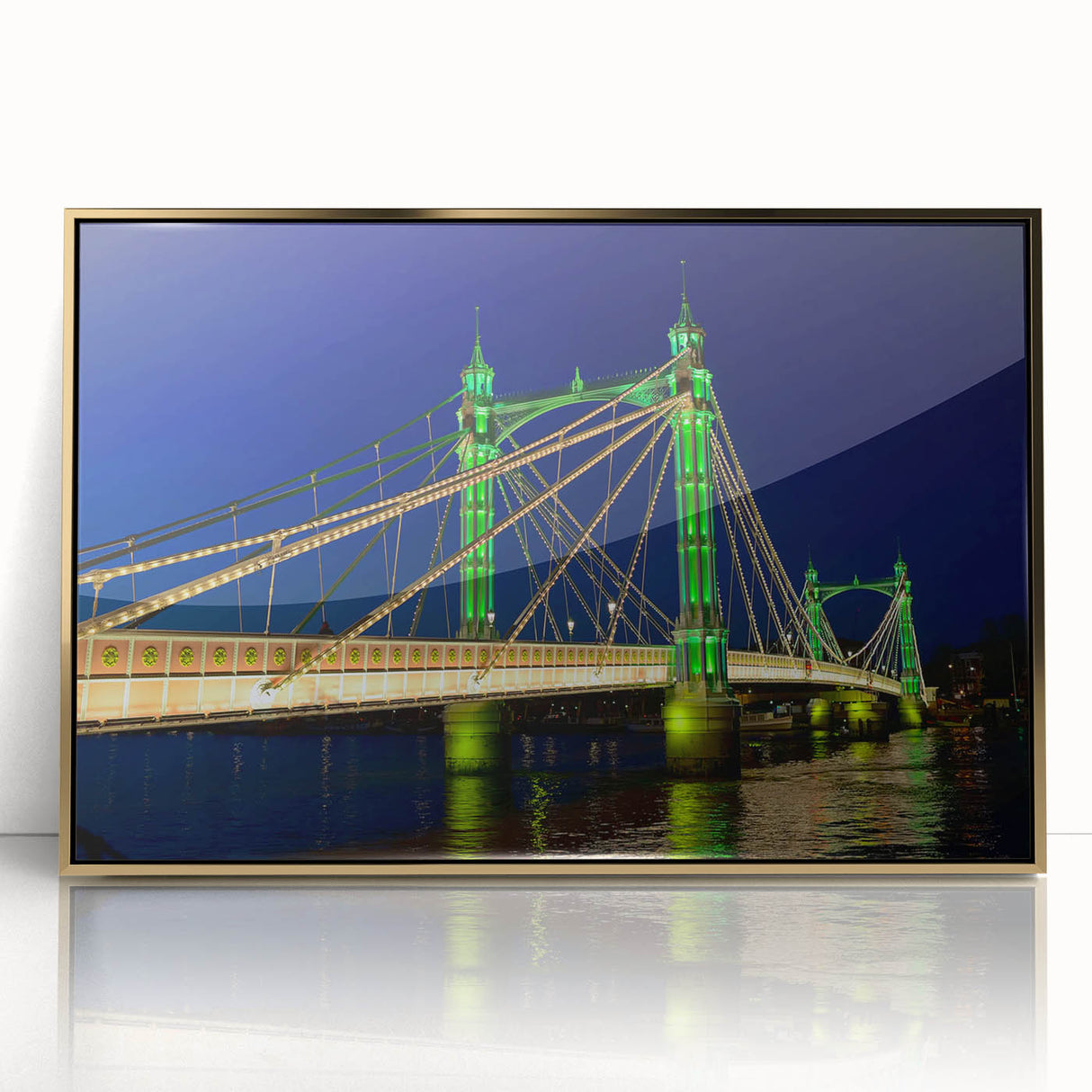 Acrylic print of the Thames River with gold frame, in art deco style, ideal for modern art wall decor.