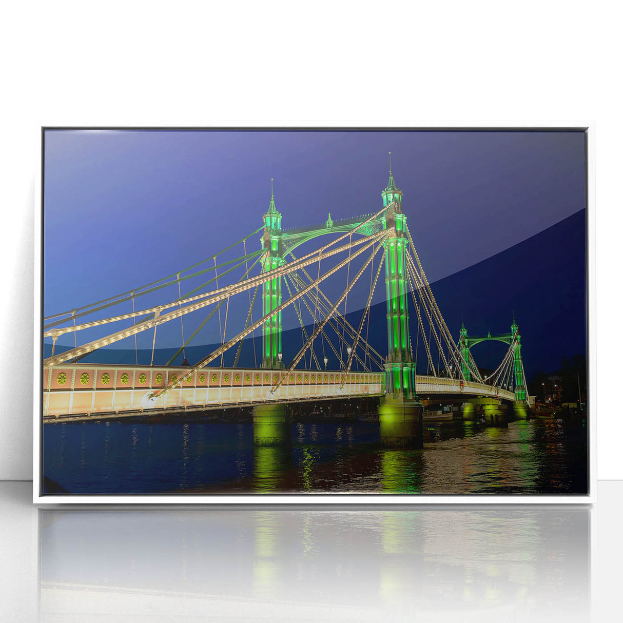 Mid-century modernist art of the Thames River in muted blue and gray tones on a framed acrylic print.