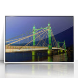 Mid-century modernist art of the Thames River in muted blue and gray tones on a framed acrylic print.