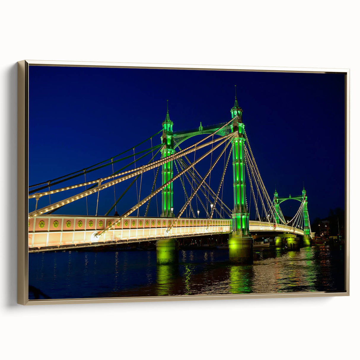 Framed canvas of a vintage-style landscape painting featuring the Thames River, with muted gold and black tones.