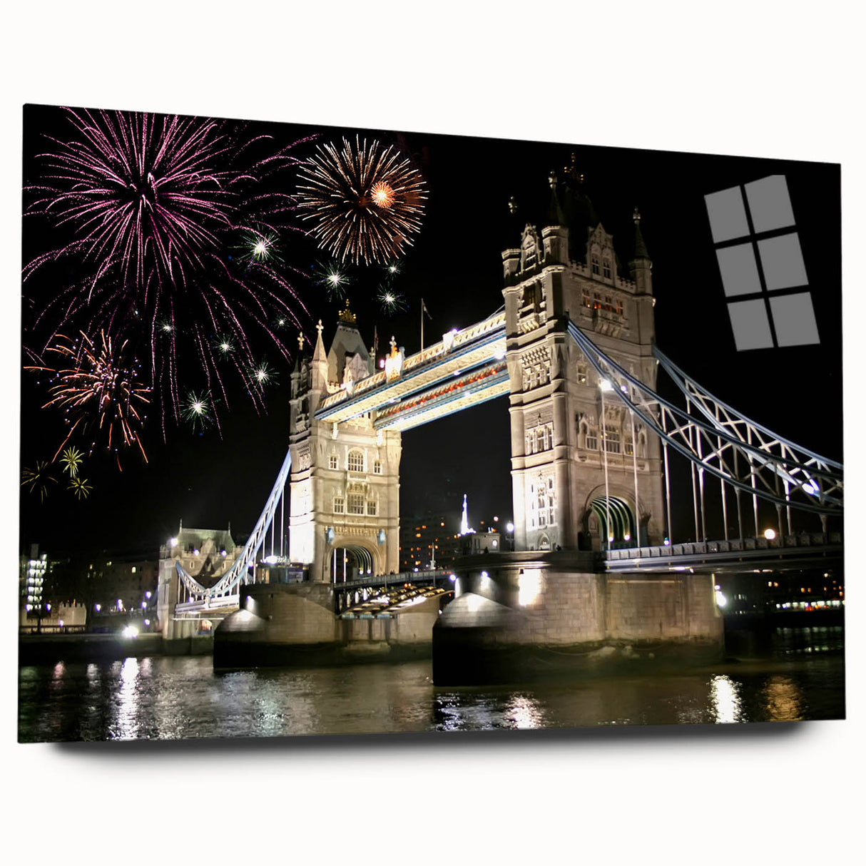 Acrylic print of Tower Bridge with muted blue and gray tones, ideal for bedroom or dining room art.