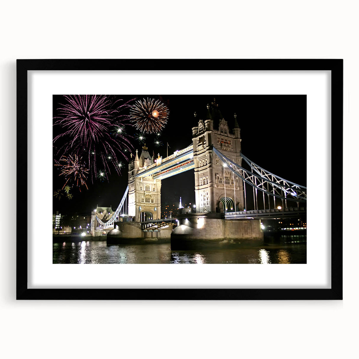 Extra large framed wall art of an abstract rendition of London's Tower Bridge in vibrant, textured colors.