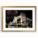 Abstract art print of the Tower Bridge with muted blue and gray tones on a framed canvas, ideal for dining room decor.