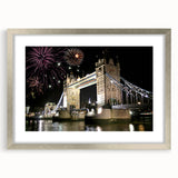 Extra large wall art featuring an abstract print of the Tower Bridge in textured gray and blue tones on a silver-framed…