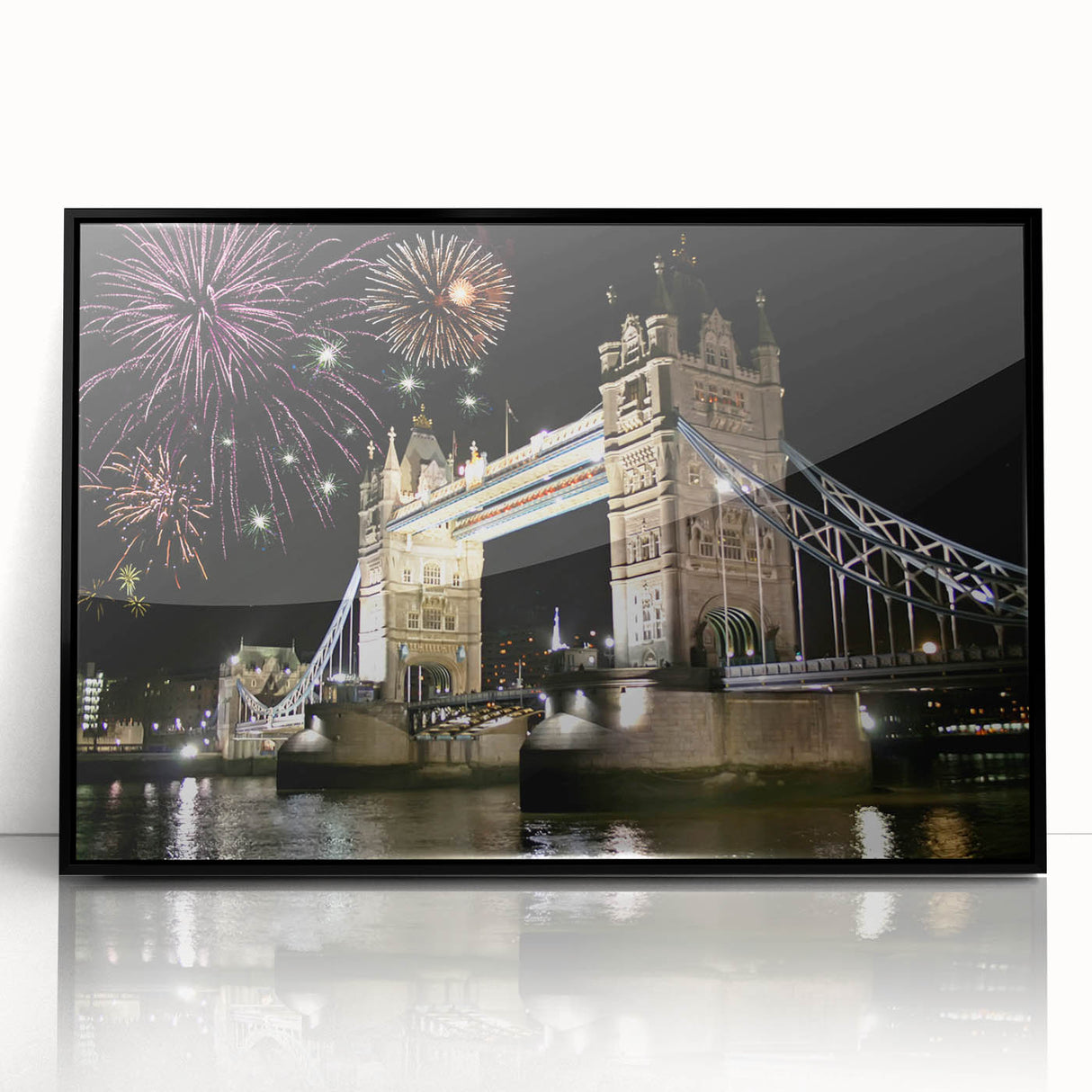 Large abstract wall art of Tower Bridge in muted gray and blue tones on framed acrylic.