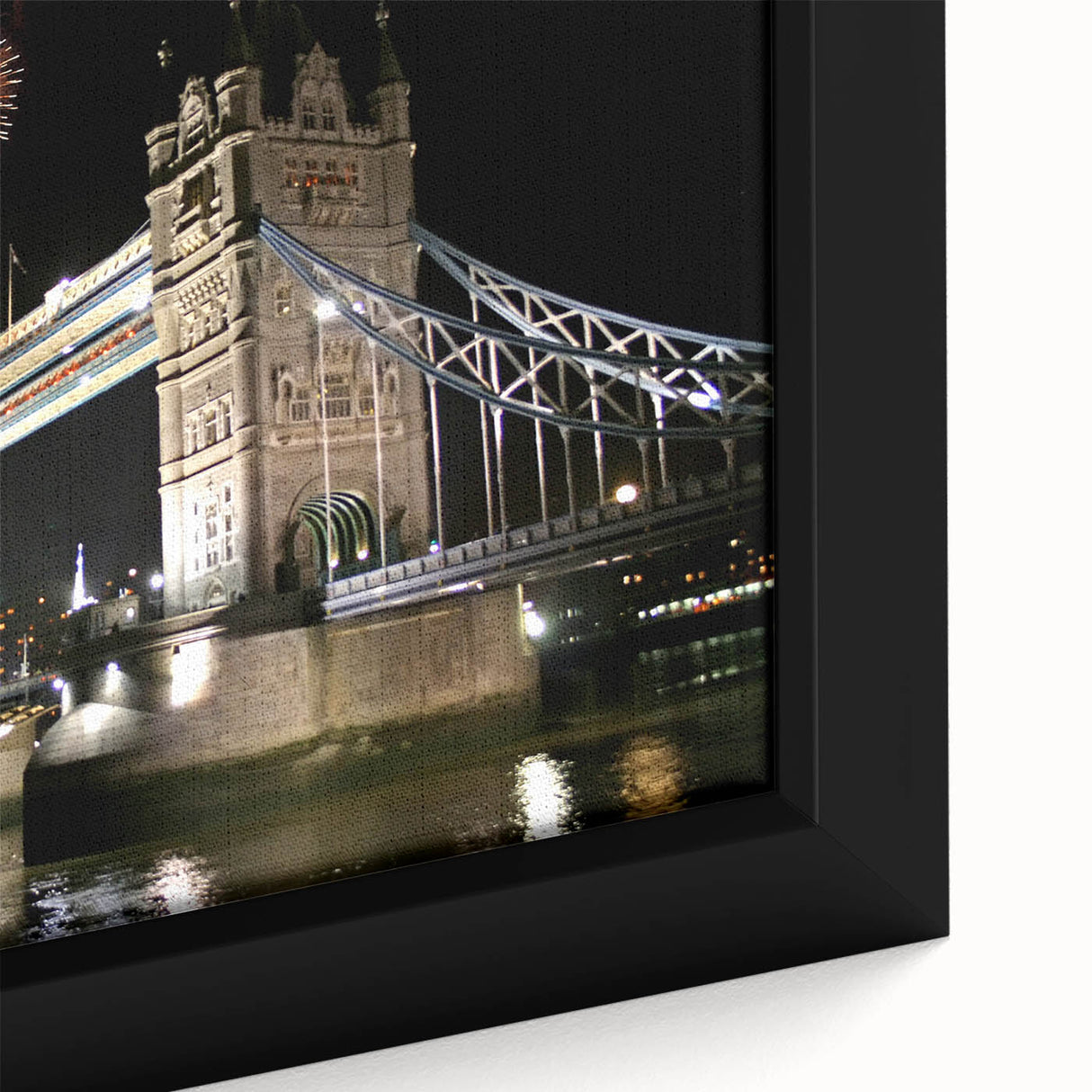 Close-up of a textured black wall art featuring the Tower Bridge in colorful accents on a framed canvas.