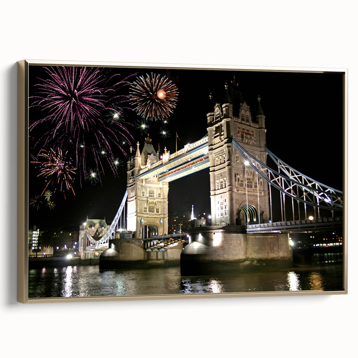 Framed canvas wall art of Tower Bridge in muted gold and black tones, vintage poster style, ideal for bedroom decor.