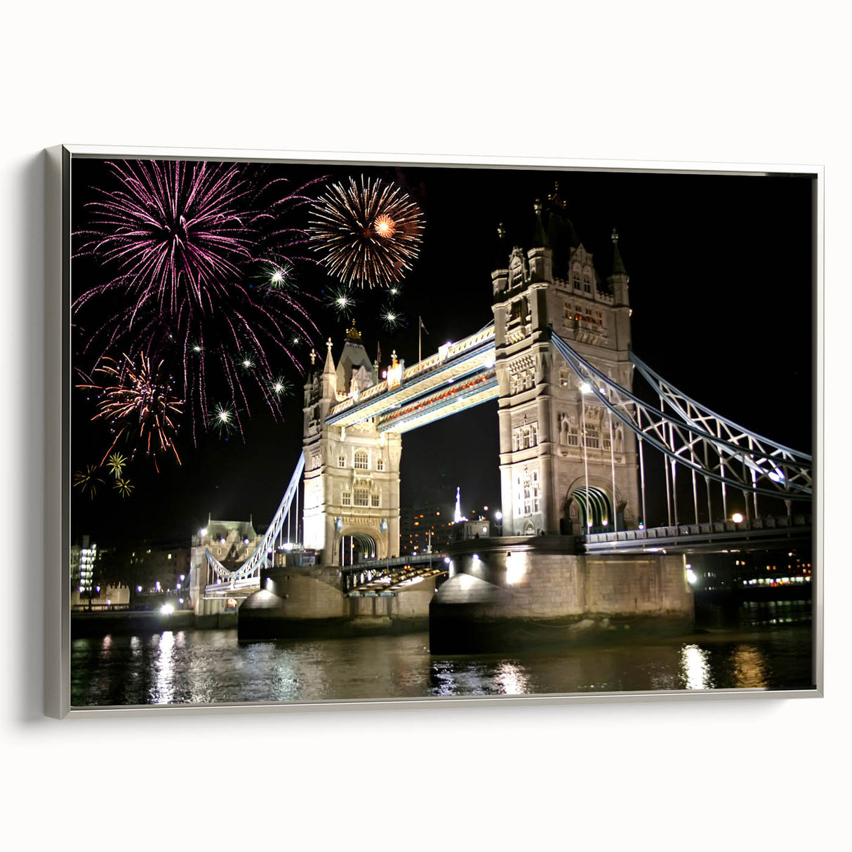 Landscape art painting of Tower Bridge in muted black and silver tones on a framed canvas, ideal for office decor.