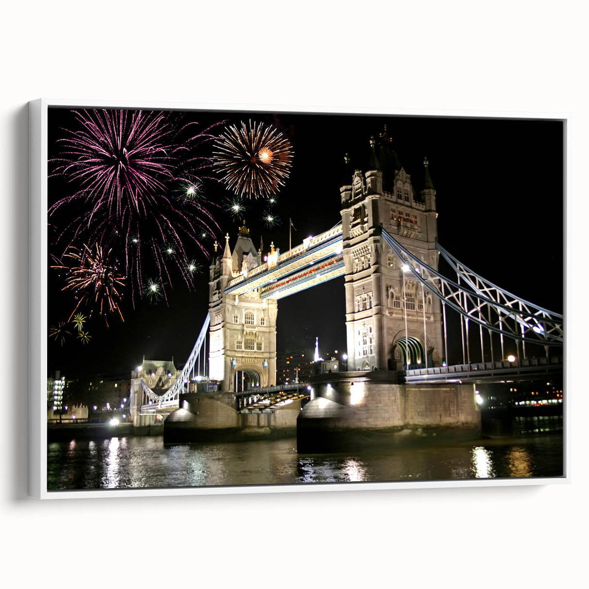Vintage poster art of Tower Bridge with muted colors on framed canvas, ideal for living room decor.