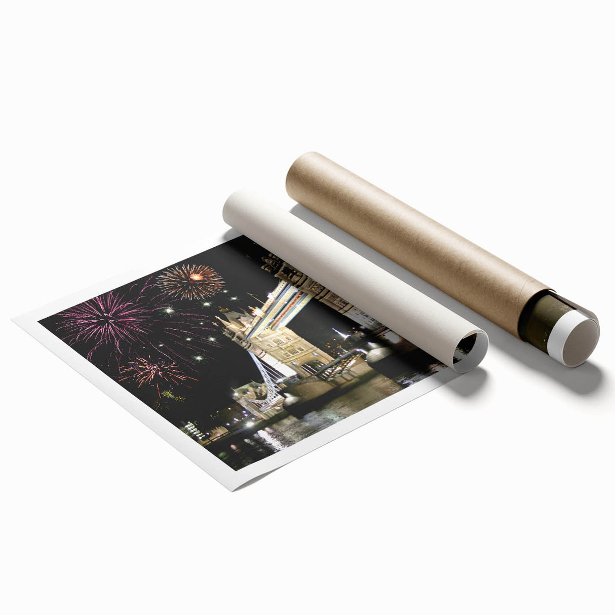 Extra large rolled print of Tower Bridge with muted gray and floral accents, suitable for classy bathroom wall art.