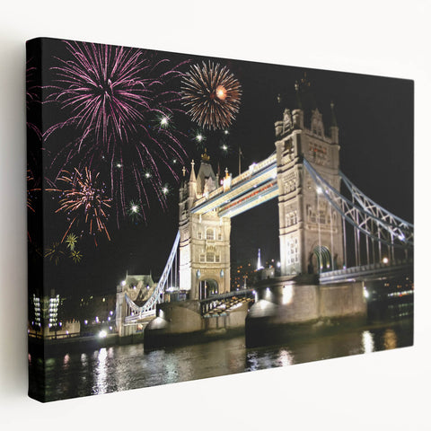 Side view of Tower Bridge on stretched canvas, depicted in muted blue and gray tones, suitable for kitchen wall art.