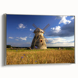 Framed canvas landscape art painting depicting a vintage European scenery in colorful tones, ideal for living room decor.
