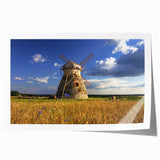 Rolled print of a European countryside scene in muted greens and browns, ideal for art wall dining room decor.