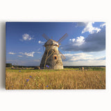 A black and white photograph of a European cityscape on stretched canvas, ideal for kitchen wall art.