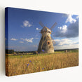 Large wall art featuring a serene Estonian landscape on stretched canvas, in soft green and blue tones.