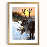 Abstract art print of a serene Finnish landscape in muted blue and green tones, framed in gold, ideal for dining room decor.