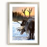 Extra large abstract art print of a textured Finnish landscape in muted blues and greens, framed in silver.