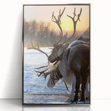 Large art print of a serene Finnish landscape in muted green and blue tones, acrylic framed in silver.