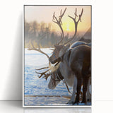 Mid-century modernist art depicting a serene Finnish landscape in muted green and blue tones, framed acrylic.