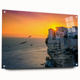 Acrylic glass wall art featuring a serene Corsican landscape with vivid blue and green tones.