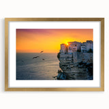 Abstract art print of a Corsican landscape in muted earth tones, framed in gold, ideal for dining room decor.