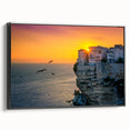 Black and white landscape art of Corsica on framed canvas, ideal for bedroom wall decor, featuring vintage poster style.