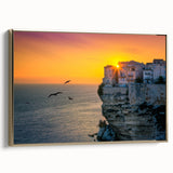 Framed canvas depicting a vintage-style Corsican landscape in muted earth tones, ideal for bedroom wall art.