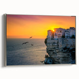 Landscape art painting of Corsica with colorful vintage poster style on a black framed canvas, ideal for living room decor.