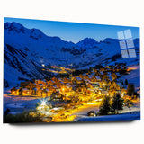 Acrylic print of the French Alps in muted blue and white tones, ideal for bedroom or dining room art.