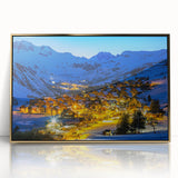 Art deco poster of the French Alps in muted earth tones on framed acrylic, suitable for modern art wall decor.