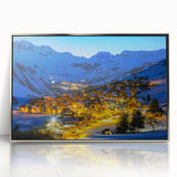 Large art print of the French Alps in muted green and blue tones, framed in silver acrylic.