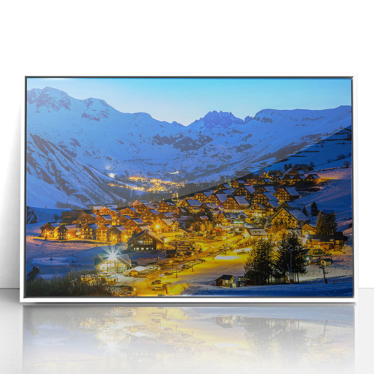 Mid-century modernist art featuring the French Alps in muted gray and blue tones on a framed acrylic panel.