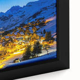 Extra large framed canvas of French Alps scenery in black with colorful, textured details, suitable for living room decor.