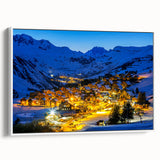 Vintage poster art of the French Alps in vibrant colors on a framed canvas, ideal for living room decor.