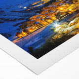 Art deco poster of the French Alps in muted blue and white tones on rolled canvas, suitable for dining room wall art.