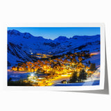 Panoramic view of the French Alps in muted green and blue tones on a rolled canvas, suitable for art wall dining room.