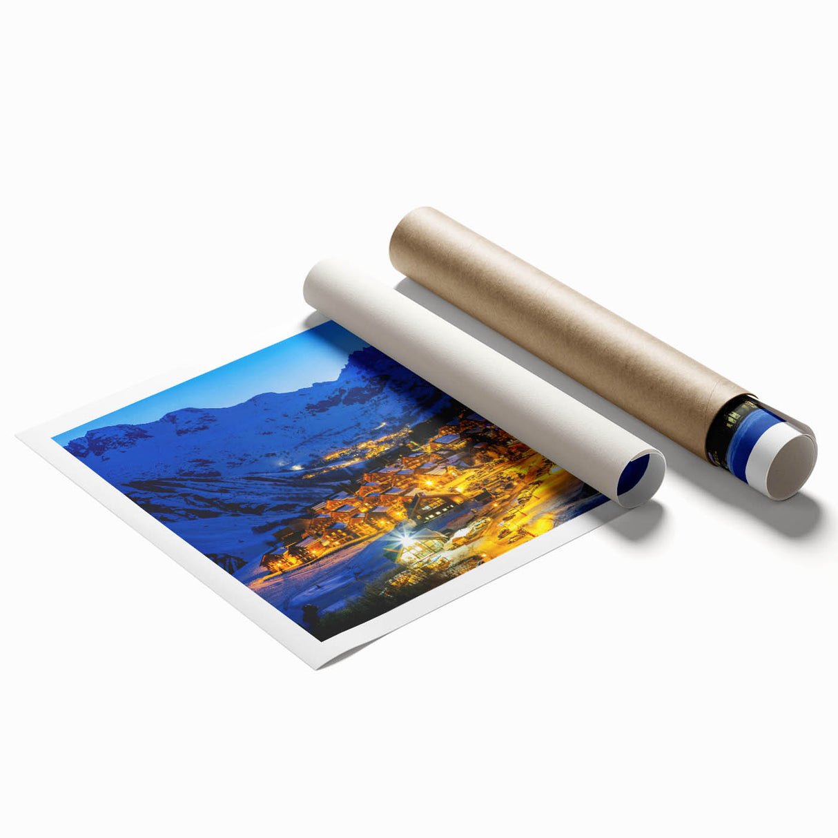 French Alps landscape with vibrant green meadows and snowy peaks on a rolled canvas, suitable for large living room wall art.