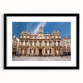 Extra large colorful art print of abstract Lyon scenery in vibrant hues on textured canvas, framed in black.