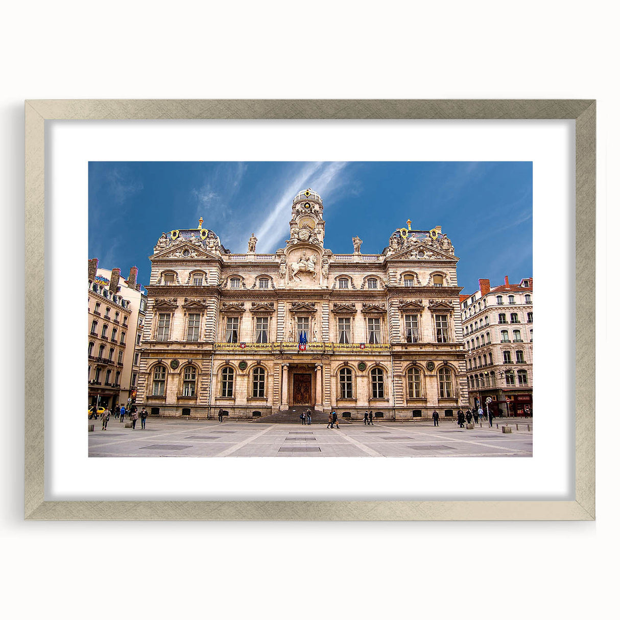 Extra large abstract art print of Lyon scenery in textured grays and silvers, framed with a silver mat.