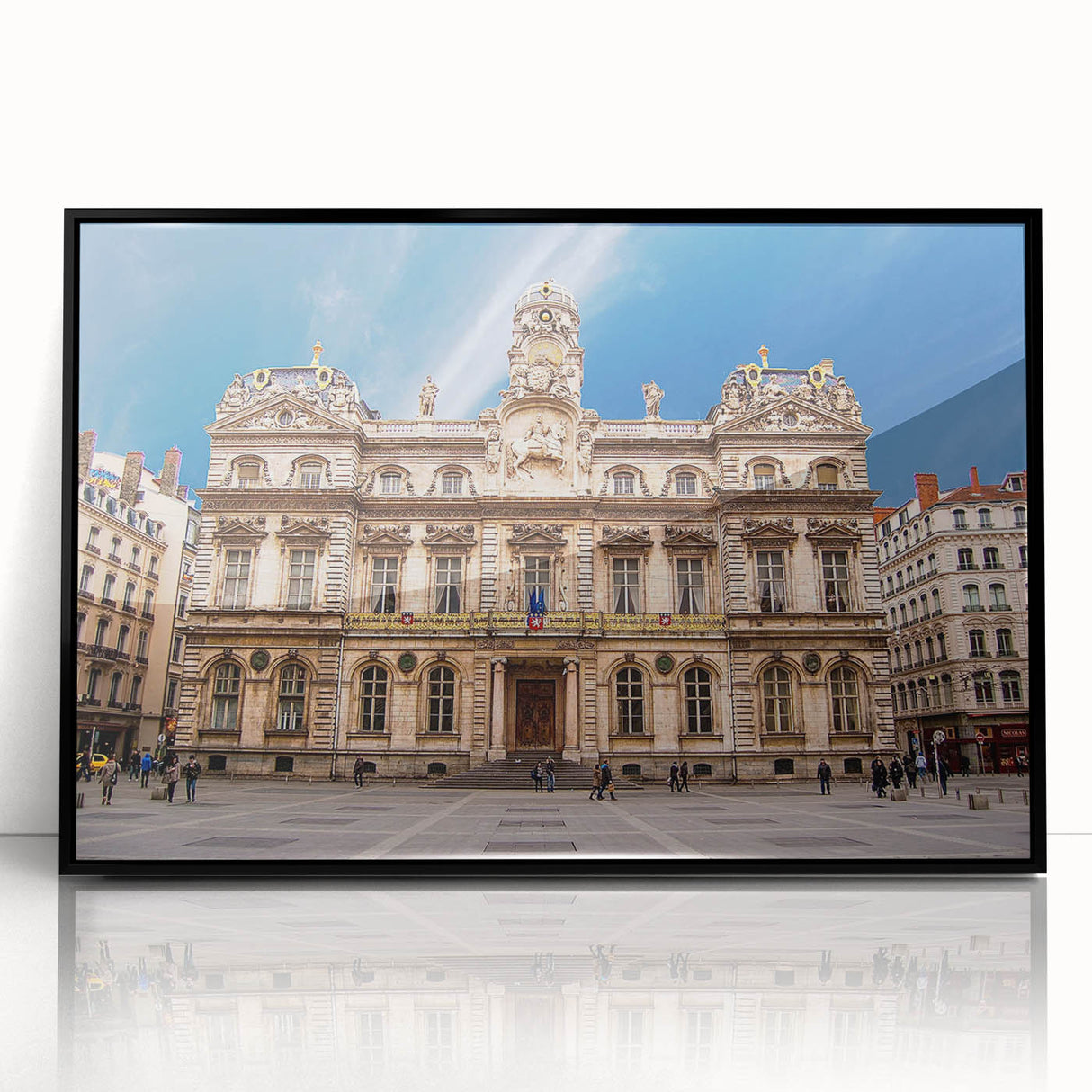 Large abstract wall art of Lyon's cityscape in shades of black and gray, acrylic print in black frame.